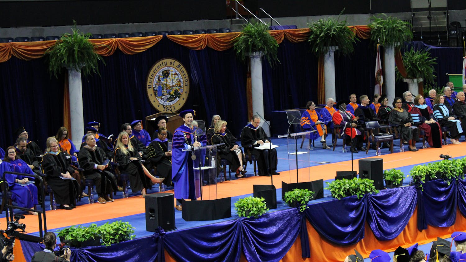 UF president Ben Sasse speaks to doctoral candidates on Thursday, May 4, 2023. This is his first public speech on campus.