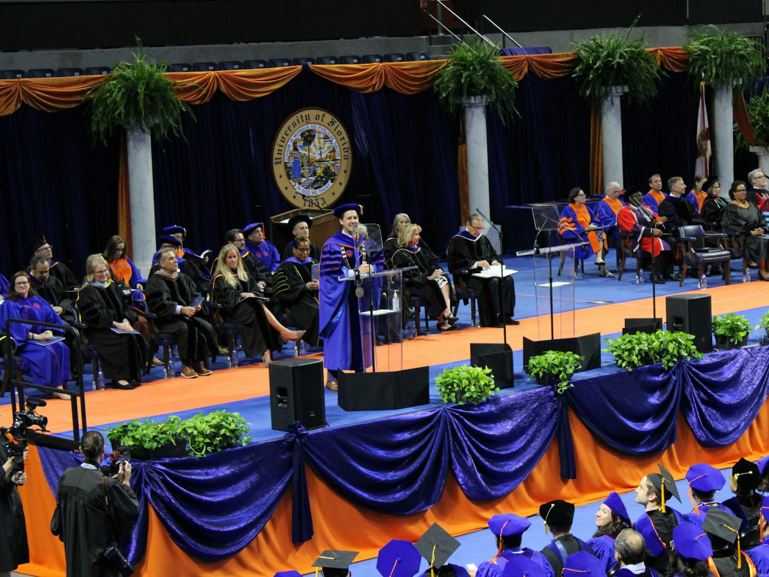 UF president Ben Sasse speaks to doctoral candidates on Thursday, May 4, 2023. This is his first public speech on campus.
