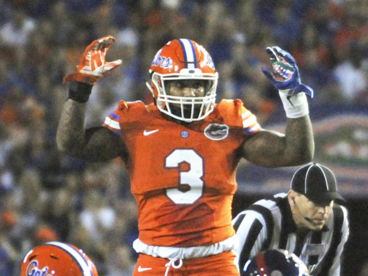 Linebacker Antonio Morrison pumps up the crowd during Florida's 38-10 win against Ole Miss on Oct. 3, 2015, at Ben Hill Griffin Stadium.