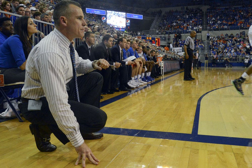 <p>Billy Donovan looks down the court during Florida's 75-55 win against Auburn on Jan. 15 in the O'Connell Center.</p>