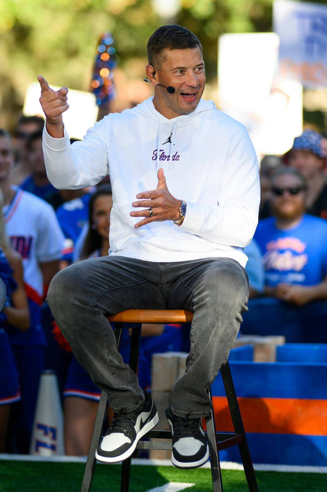 Florida head coach Jon Sumrall talks during SEC Nation’s show on Plaza of the Americas before Florida hosts Ole Miss, Saturday, Sept. 26, 2026, in Gainesville, Fla.