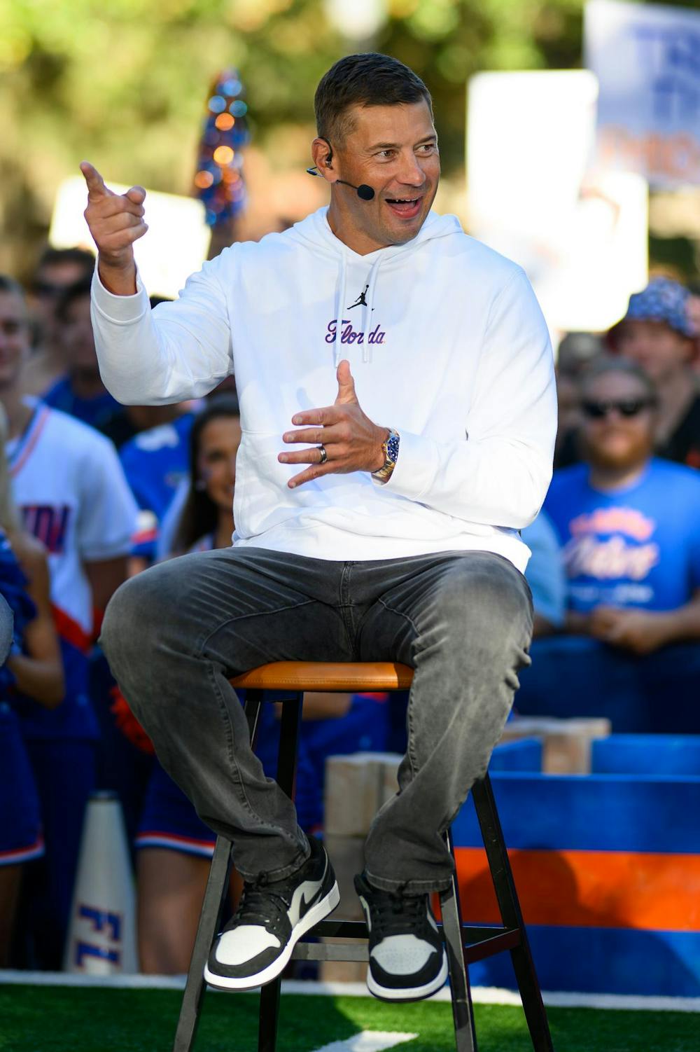 Florida head coach Jon Sumrall talks during SEC Nation’s show on Plaza of the Americas before Florida hosts Ole Miss, Saturday, Sept. 26, 2026, in Gainesville, Fla.