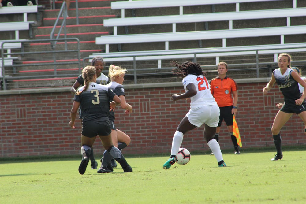 <p>Forward Deanne Rose (21) scored two goals in Florida's season-opening win over FAU, including the overtime winner.</p>