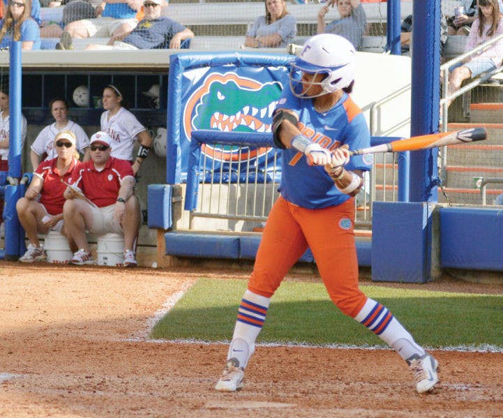 Kelsey Stewart swings during Florida’s 8-0 win against Indiana on Feb. 22, 2014 at Katie Seashole Pressly Stadium.&nbsp;