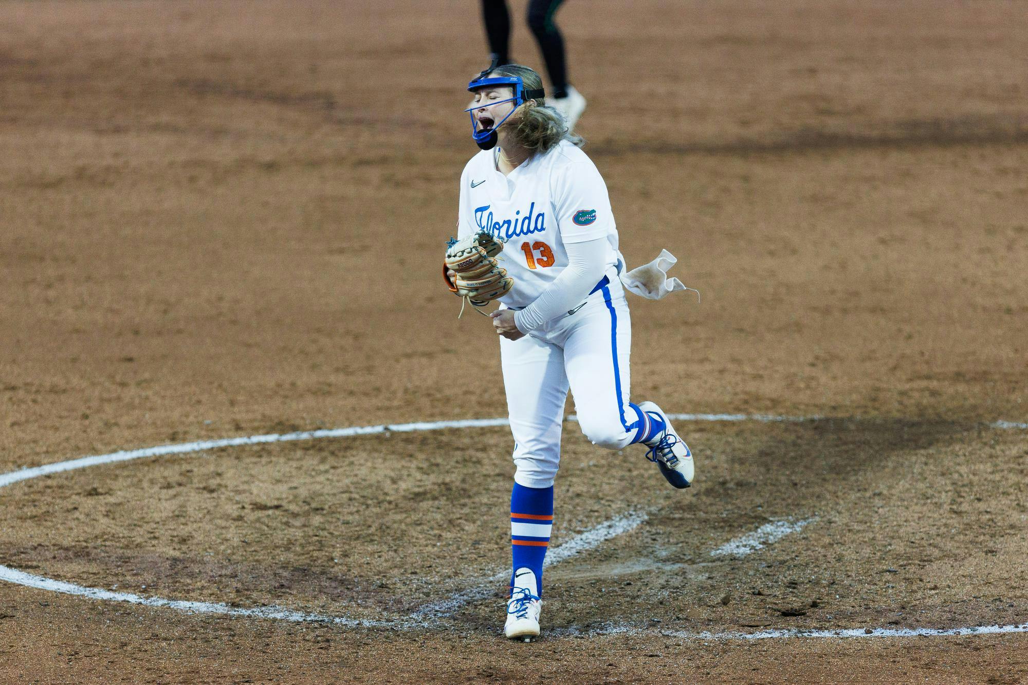 Florida Gators left handed pitcher Olivia Miller yells after bases loaded strike out to end the inning during an NCAA softball game against Stetson, Wednesday, March 25, 2026, in Gainesville, Fla.