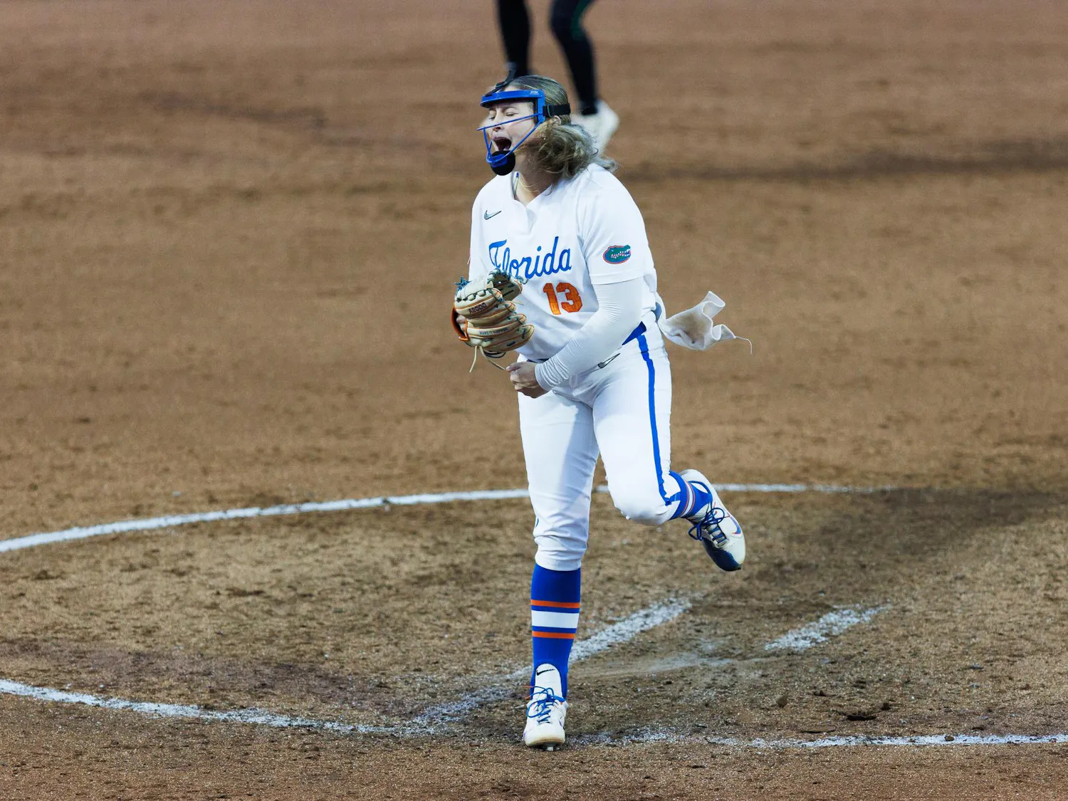 Florida Gators left handed pitcher Olivia Miller yells after bases loaded strike out to end the inning during an NCAA softball game against Stetson, Wednesday, March 25, 2026, in Gainesville, Fla.