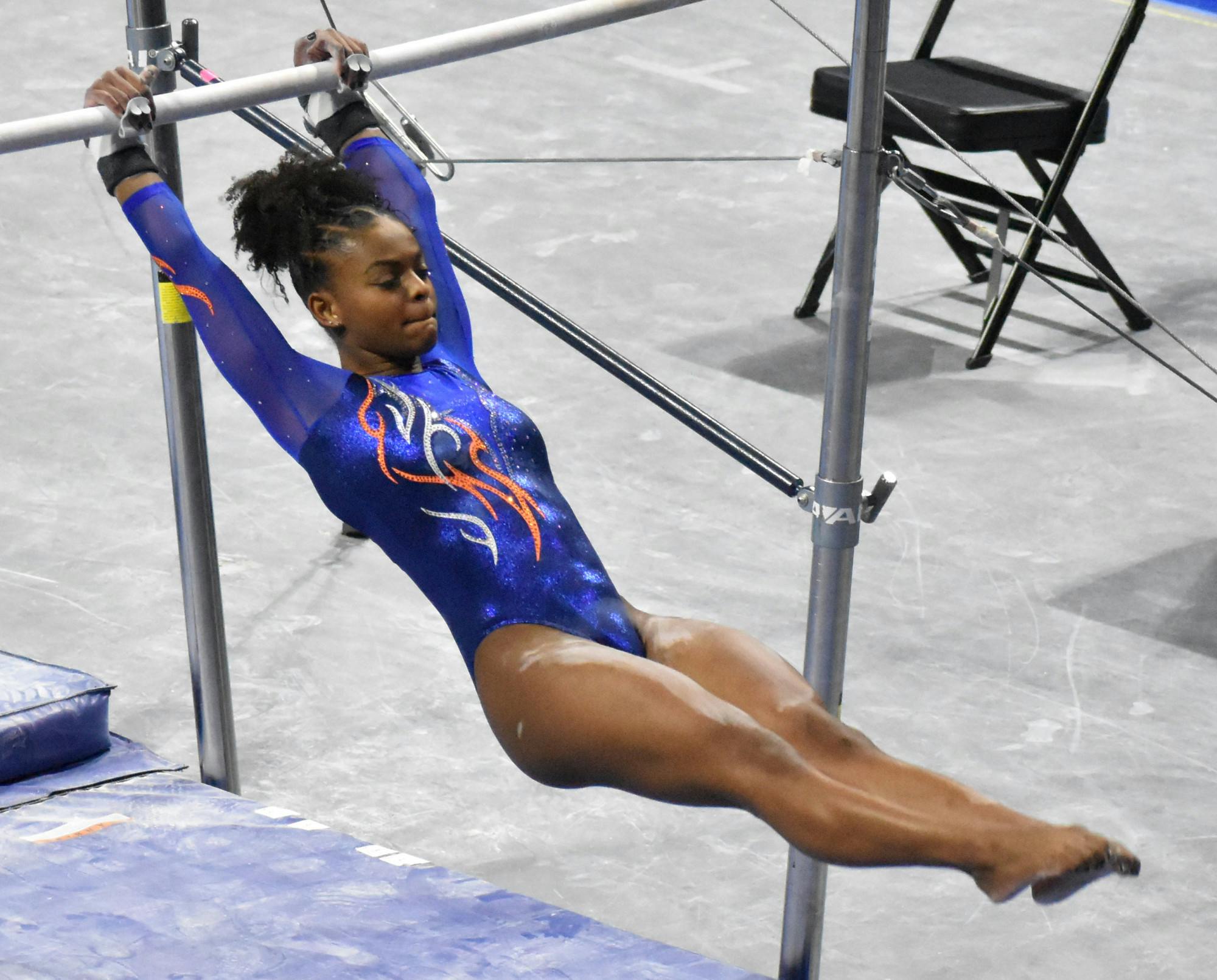 Florida gymnast Trinity Thomas performs on the bars in a meet against Missouri on January 29.