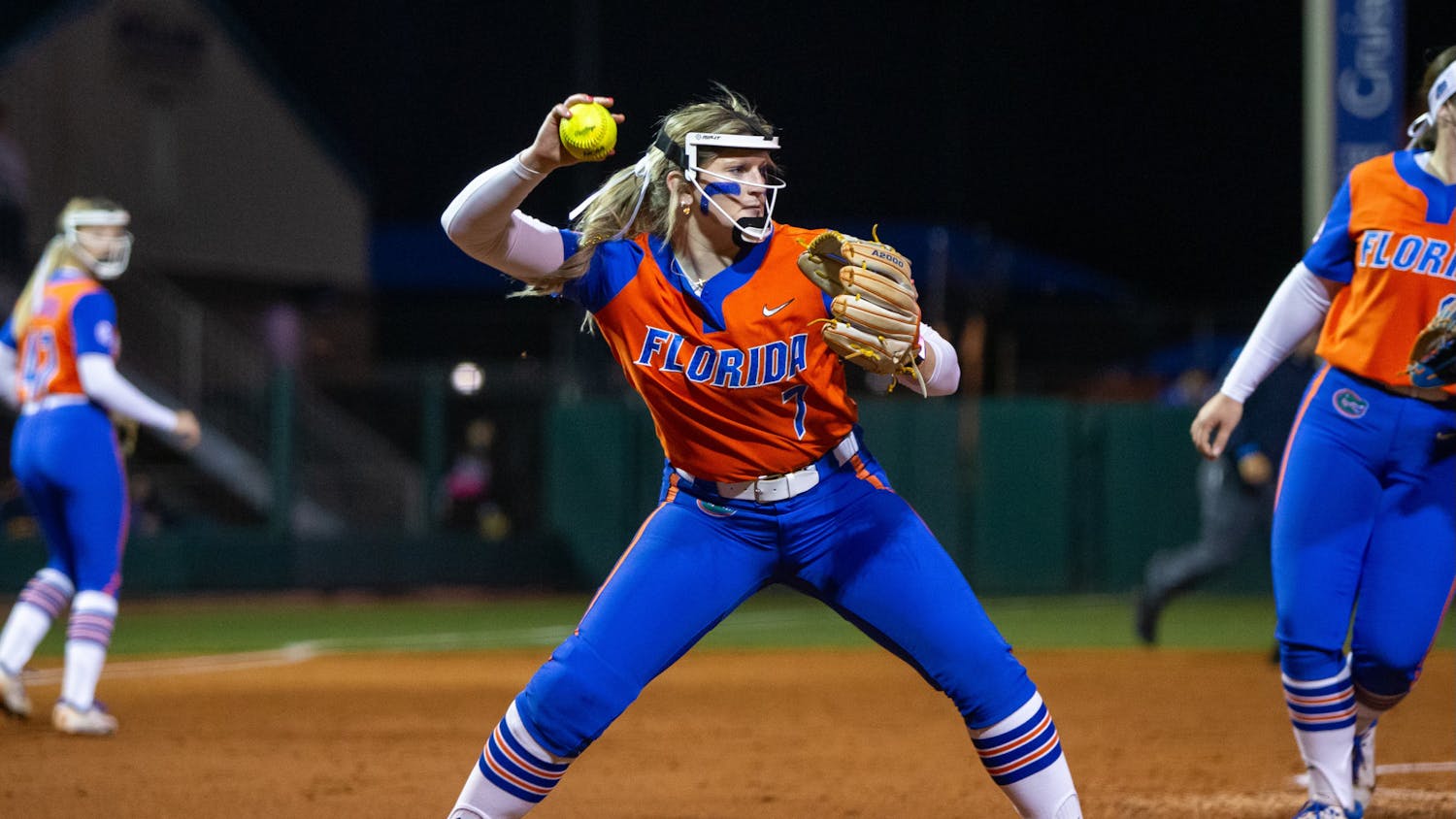Florida softball freshman pitcher Keagan Rothrock fields a ball in the Gators' 3-0 loss to the Oklahoma State Cowgirls on Monday, February 19, 2024. 