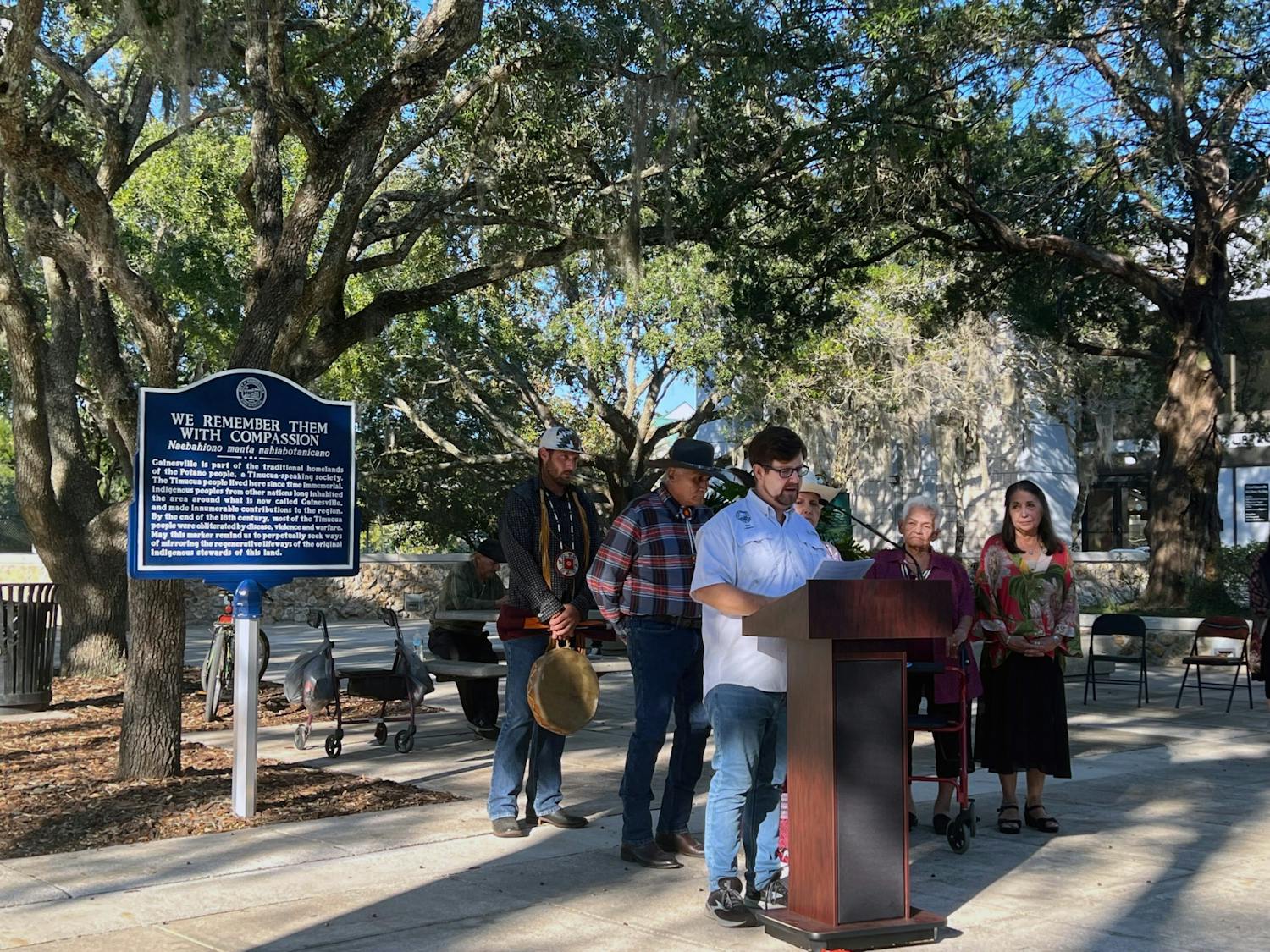 Mayor Lauren Poe reads a proclamation from the city declaring Oct. 10 Indigenous Peoples Day Monday, Oct. 10, 2022.