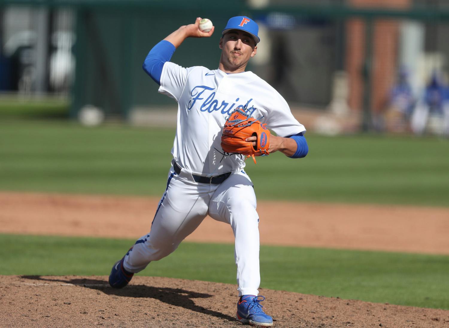 Brandon Sproat pitching against Miami Feb. 21, 2021. Courtesy of the SEC Media Portal. Sproat will start on the mound for Florida&#x27;s first-round matchup with Central Michigan.