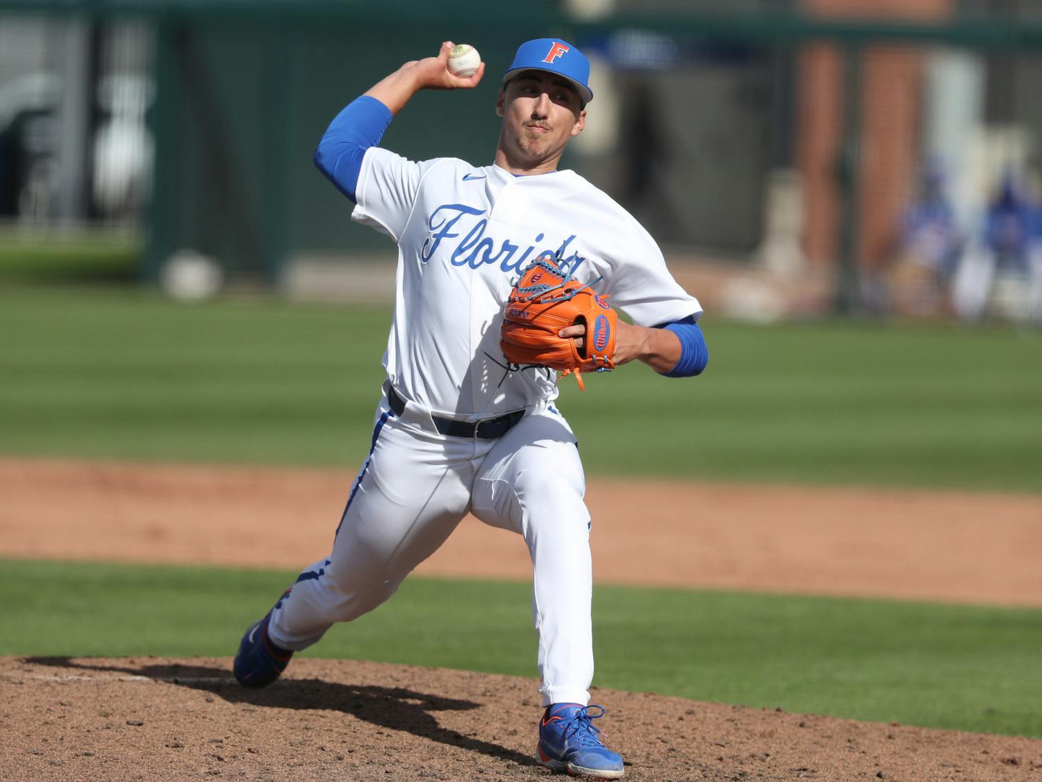 Brandon Sproat pitching against Miami Feb. 21, 2021. Courtesy of the SEC Media Portal. Sproat will start on the mound for Florida&#x27;s first-round matchup with Central Michigan.