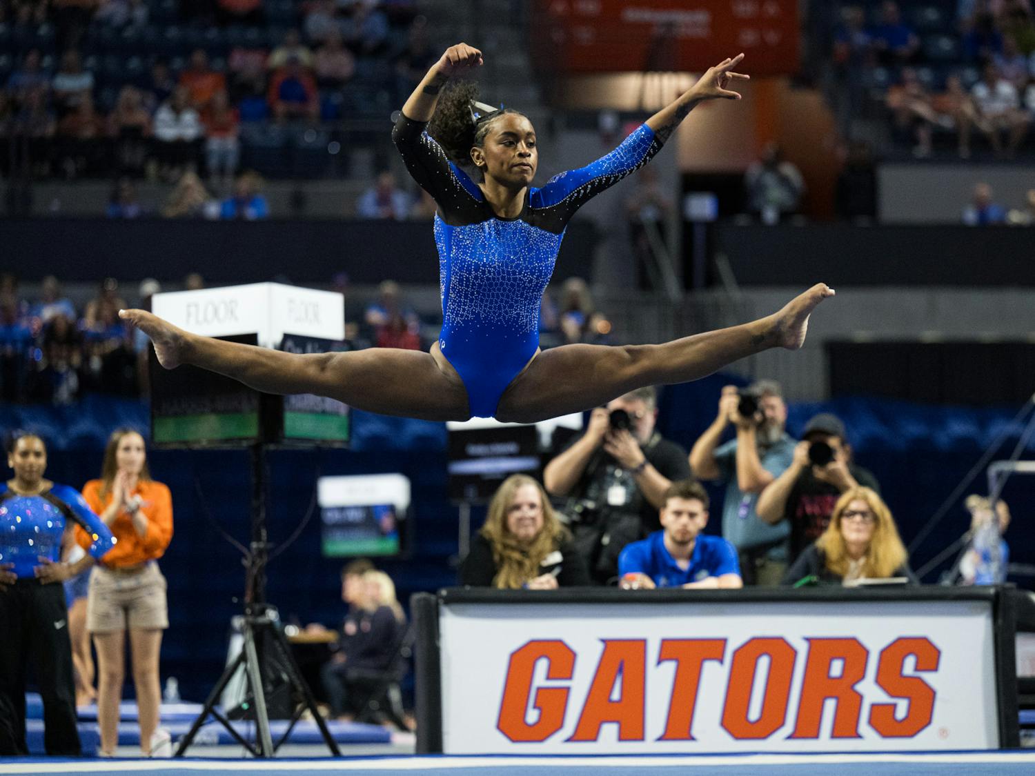 Florida Gators gymnast Taylor Clark preforms on the floor in a gymnastics meet against the Kentucky Wildcats in Gainesville, Fla., on Friday, March 14, 2025.