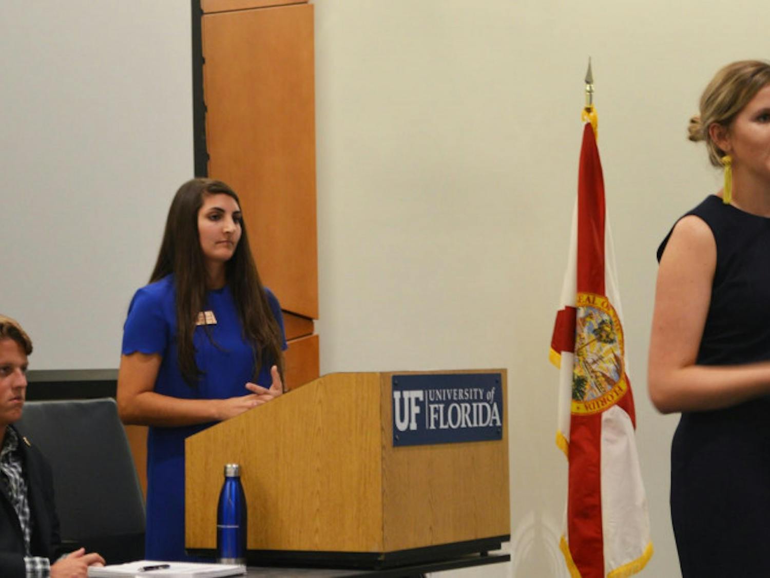 Student Government Budget and Appropriations Committee Chairwoman Emily Dunson gives the committee’s report. Dunson addressed the reason for budget increases in her report. (June 7,2018)