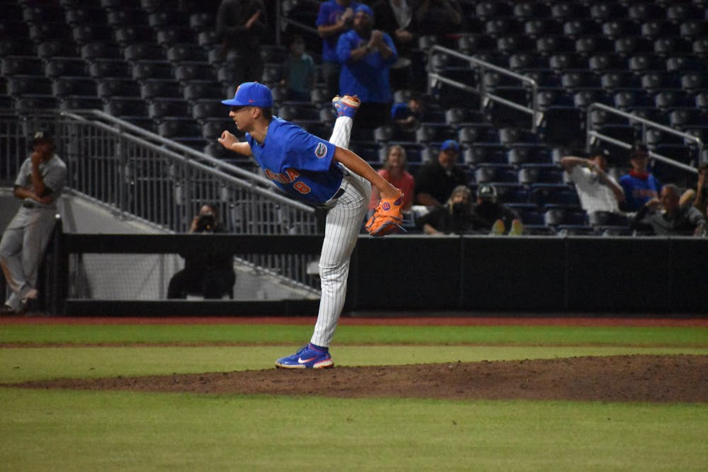 <p>Florida&#x27;s Brandon Sproat pitches against Jacksonville on March 13, 2021. Sproat pitched 8.1 innings Tuesday in Florida&#x27;s 2-1 win over South Carolina.</p>
