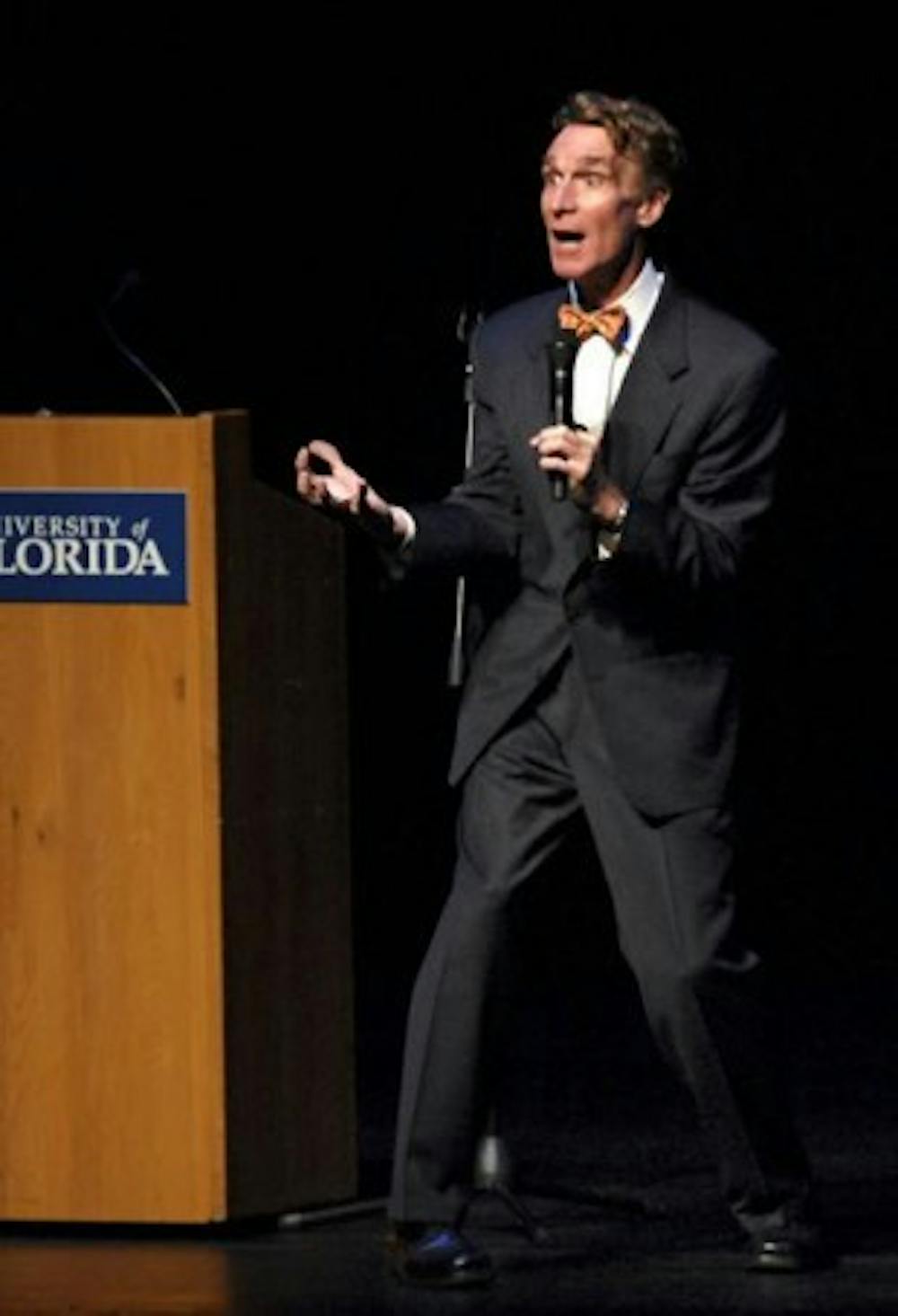 <p>(Nicole Safker / Alligator Staff) Scientist and TV personality Bill Nye gestures during his speech at the Phillips Center in 2007.</p>