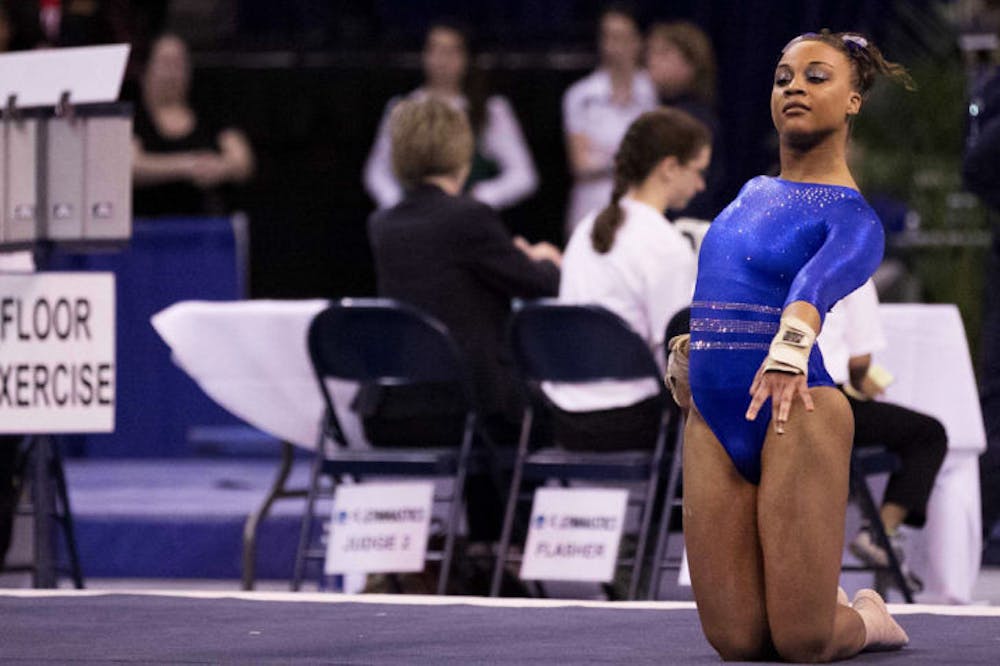 <p class="p1">Sophomore Kytra Hunter performs her floor routine during the NCAA Regionals on April 6 in the O’Connell Center. Florida won its first national championship on Saturday in Los Angeles.</p>
