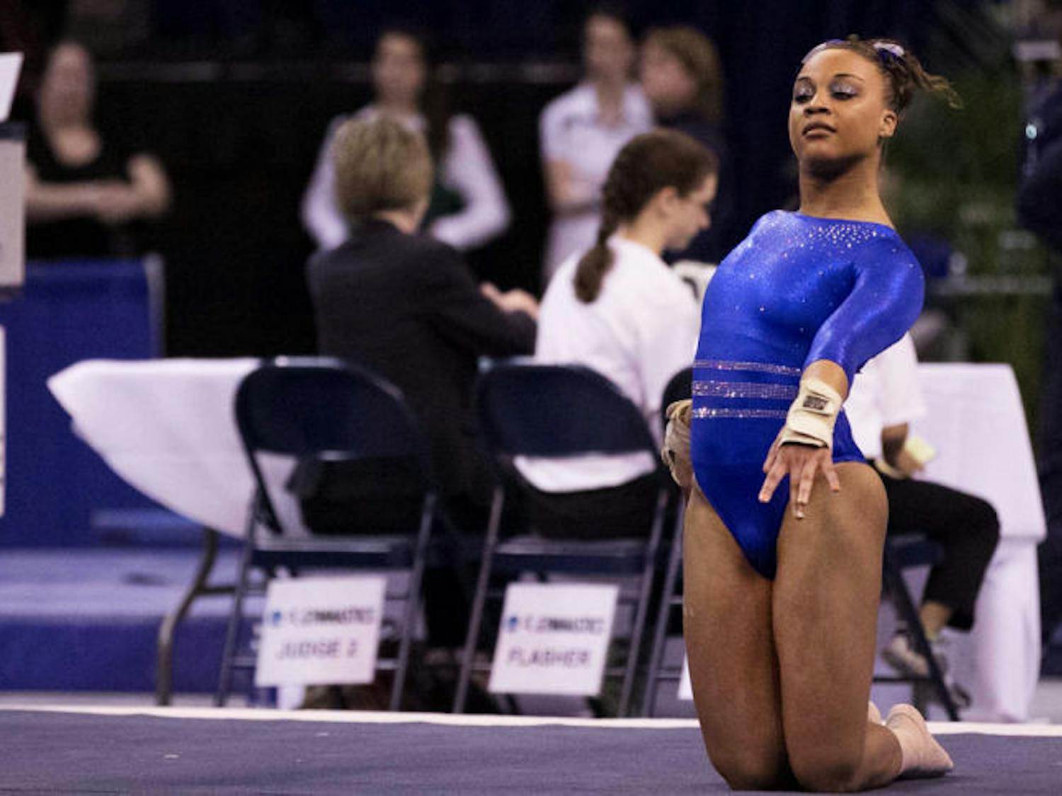 Sophomore Kytra Hunter performs her floor routine during the NCAA Regionals on April 6 in the O’Connell Center. Florida won its first national championship on Saturday in Los Angeles.