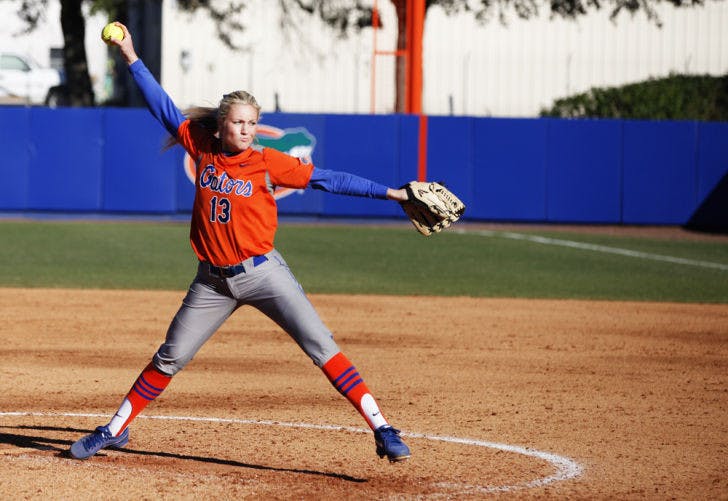 Junior ace Hannah Rogers winds up to pitch during Florida’s 9-1 victory against UNC Wilmington on Feb. 17 at Katie Seashole Pressly Stadium. Rogers tossed 18.2 frames for the Gators at the Mary Nutter Collegiate Classic in Palm Springs, Calif.