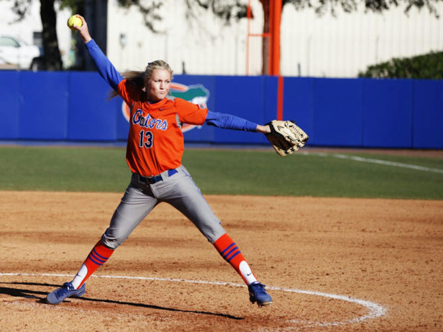 Junior ace Hannah Rogers winds up to pitch during Florida’s 9-1 victory against UNC Wilmington on Feb. 17 at Katie Seashole Pressly Stadium. Rogers tossed 18.2 frames for the Gators at the Mary Nutter Collegiate Classic in Palm Springs, Calif.