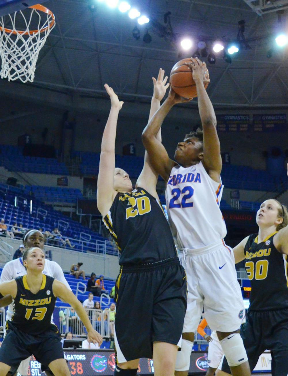 <p>Kayla Lewis (22) attempts a shot during Florida’s loss to Missouri on Feb. 20 in the O’Connell Center.</p>