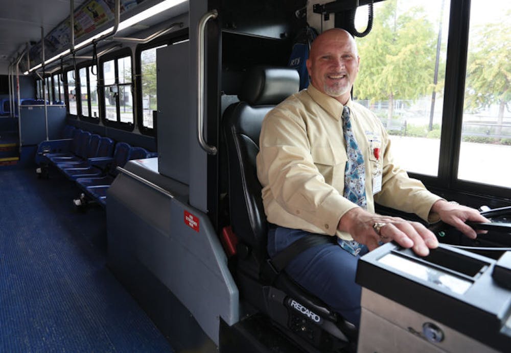 <p>RTS driver Steve Holloway, 54, is well-liked by students and bus riders for the jokes and life lessons he shares during his Friday routes. Holloway’s passion for customer service won him RTS’s top award for customer service earlier this year. He currently drives a bus on Route 35.</p>