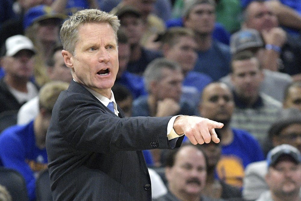 <p>Golden State Warriors head coach Steve Kerr calls out instructions during the first half of an NBA basketball game against the Orlando Magic in Orlando, Fla., Sunday, Jan. 22, 2017. (AP Photo/Phelan M. Ebenhack)</p>
