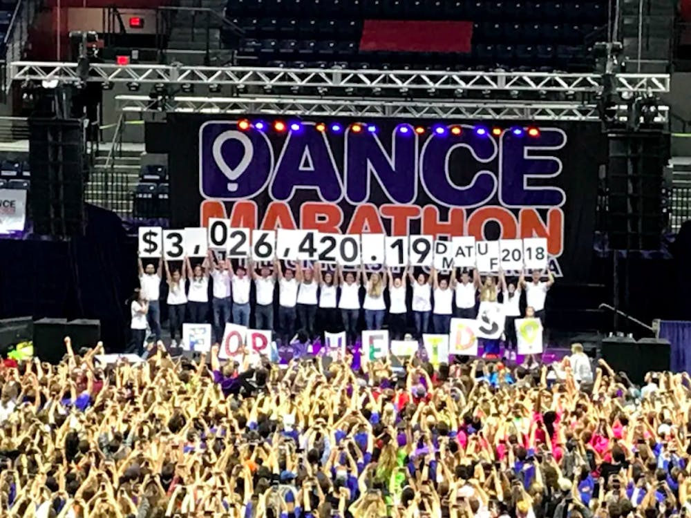 <p dir="ltr"><span>UF Dance Marathon staff members hold signs revealing the total amount of money fundraised this year, totaling $3,026,420.19 for the Children’s Miracle Network.</span></p>
<p><span>&nbsp;</span></p>