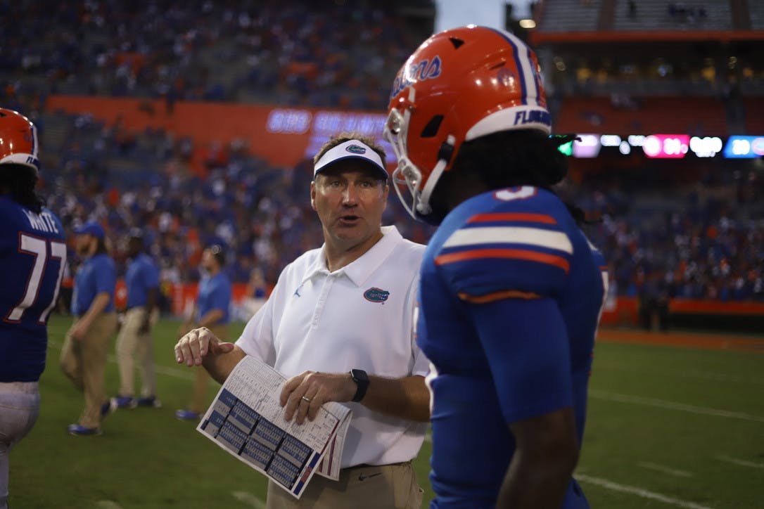 Florida football head coach Dan Mullen and quarterback Emory Jones during a game against No. 1 Alabama on Sept. 18.