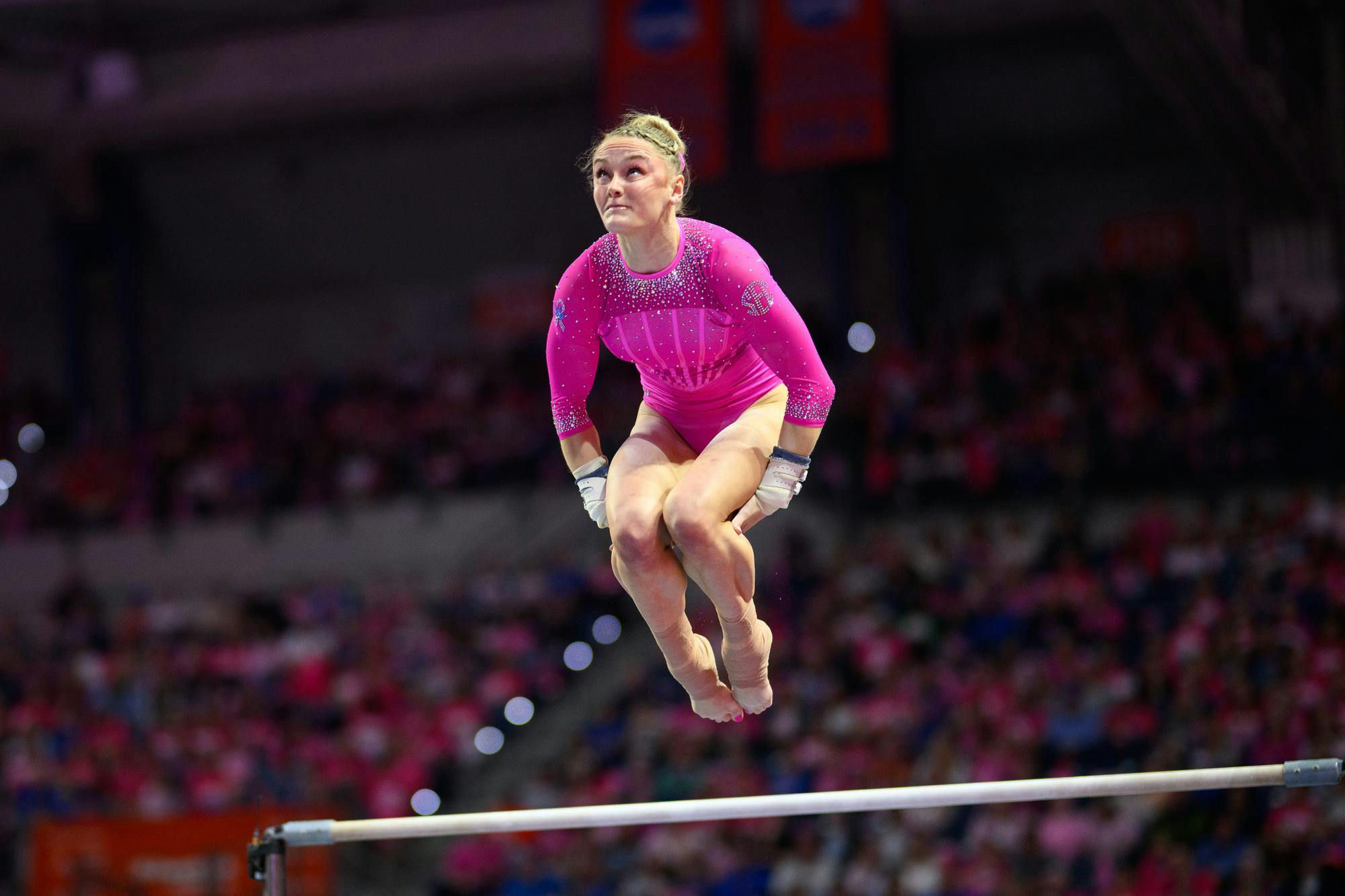 Florida gymnast Riley McCusker performs on the bars during an NCAA gymnastics meet against Oklahoma, Friday, Feb. 13, 2026, in Gainesville, Fla.