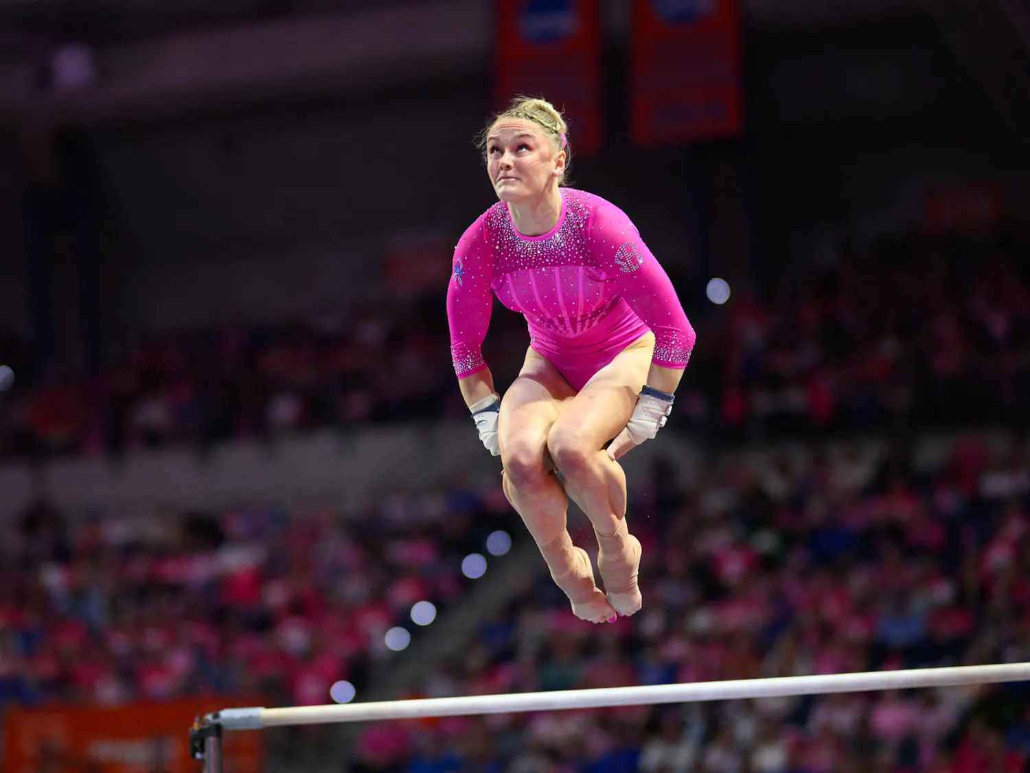 Florida gymnast Riley McCusker performs on the bars during an NCAA gymnastics meet against Oklahoma, Friday, Feb. 13, 2026, in Gainesville, Fla.