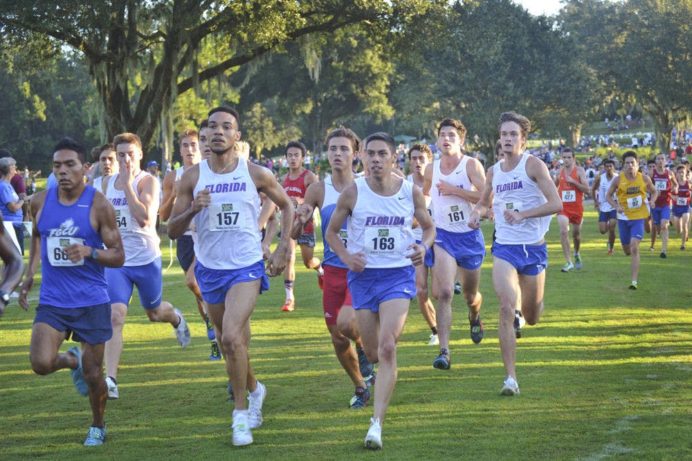 UF's Eddie Garcia (157) leads the pack during the Mountain Dew Invitational on Sept. 19, 2015, at the Mark Bostick Golf Course.