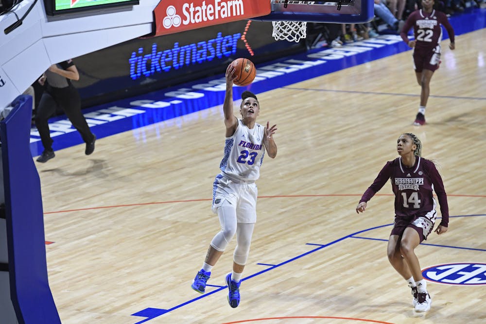 Senior guard Leilani Correa shoots a layup in the Gators' 89-77 loss against the Mississippi State Bulldogs on Jan. 22, 2024.