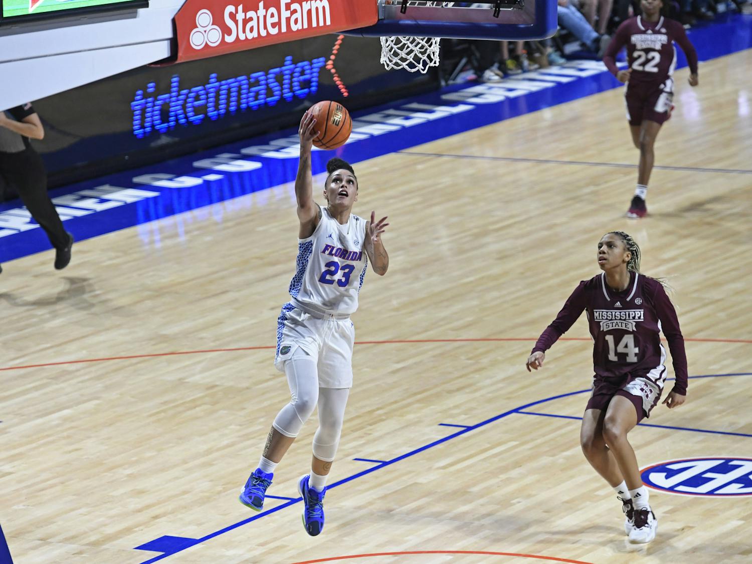 Senior guard Leilani Correa shoots a layup in the Gators' 89-77 loss against the Mississippi State Bulldogs on Jan. 22, 2024.