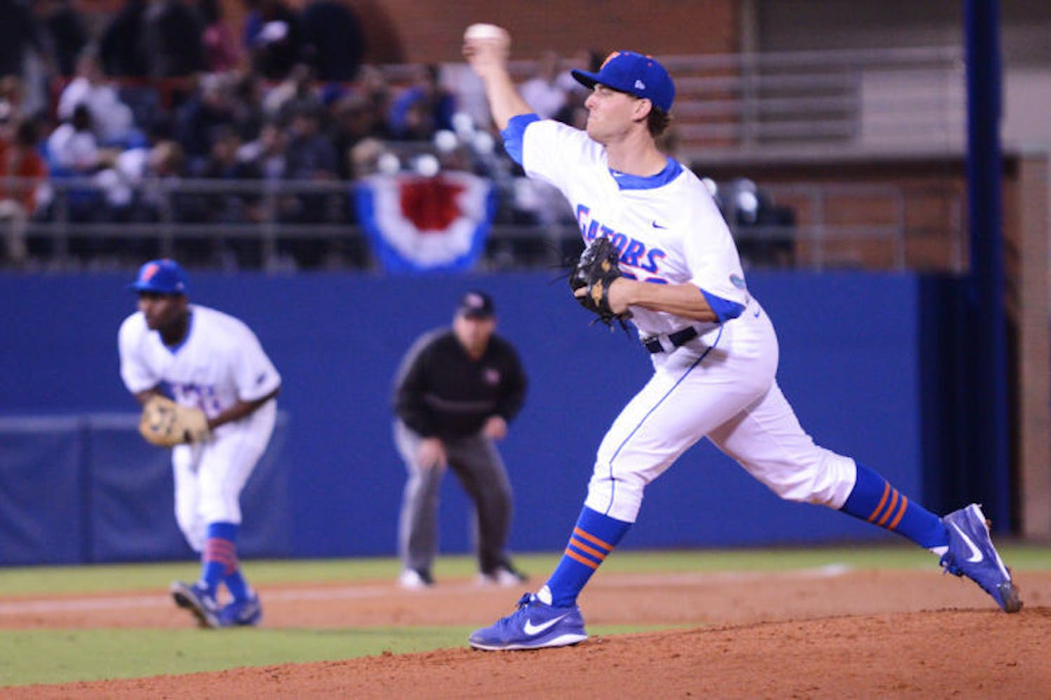 Jonathon Crawford pitches against Florida Gulf Coast on Feb. 22 at McKethan Stadium. Crawford threw a no-hitter against Bethune-Cookman in the first game of the NCAA Regionals last season.