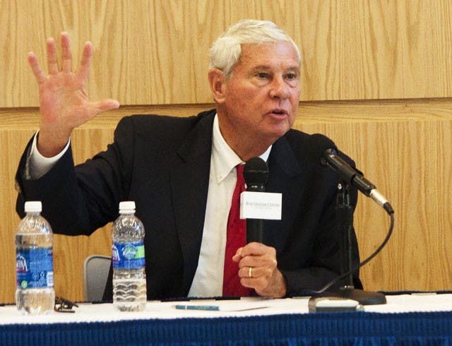 Former Florida Gov. and U.S. Sen. Bob Graham speaks in the Pugh Hall Ocora Sunday night about the possibility of a biological terrorism attack.