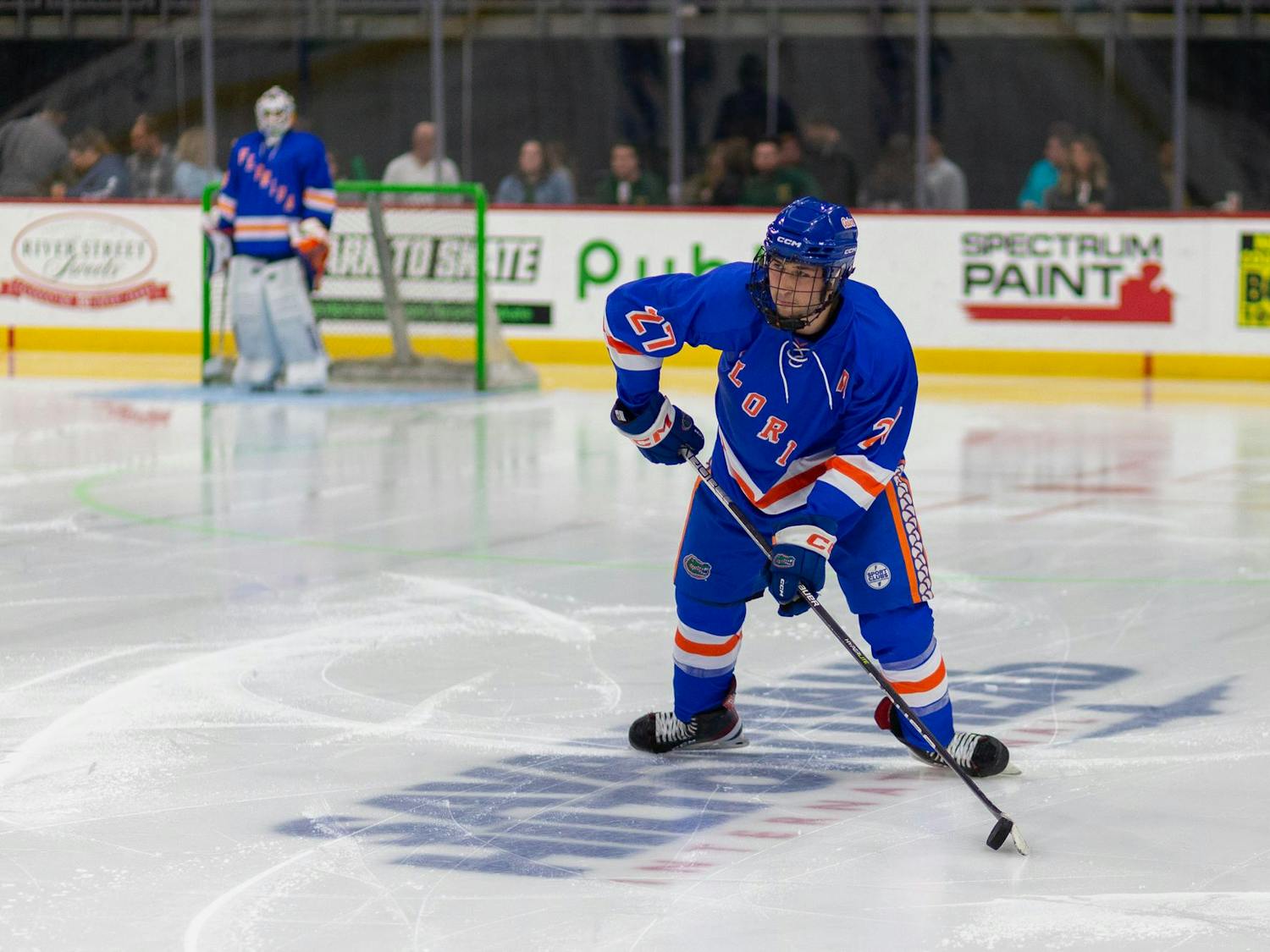Noah Horwitz warms up during the Gators' match against the Georgia Tech Yellow Jackets on Saturday, January 18, 2025 at Enmarket Arena in Savannah, Ga. / Photo by Ryan Friedenberg
