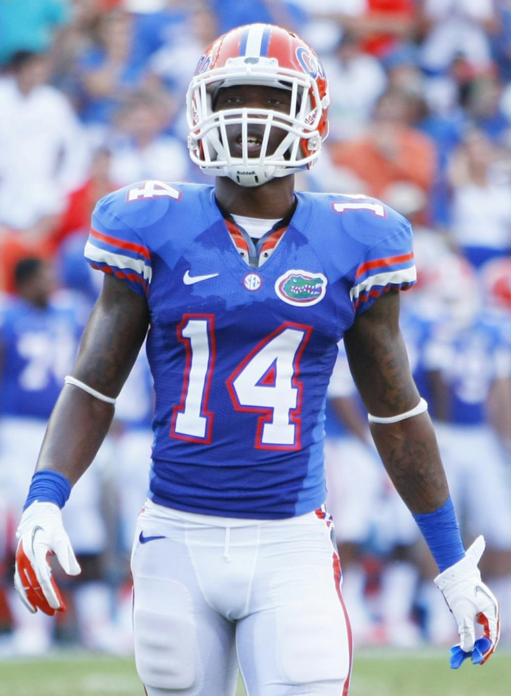 <p>Jaylen Watkins (14) looks to the sidelines during UF's 24-17 win against Bowling Green University at Ben Hill Griffin Stadium.</p>