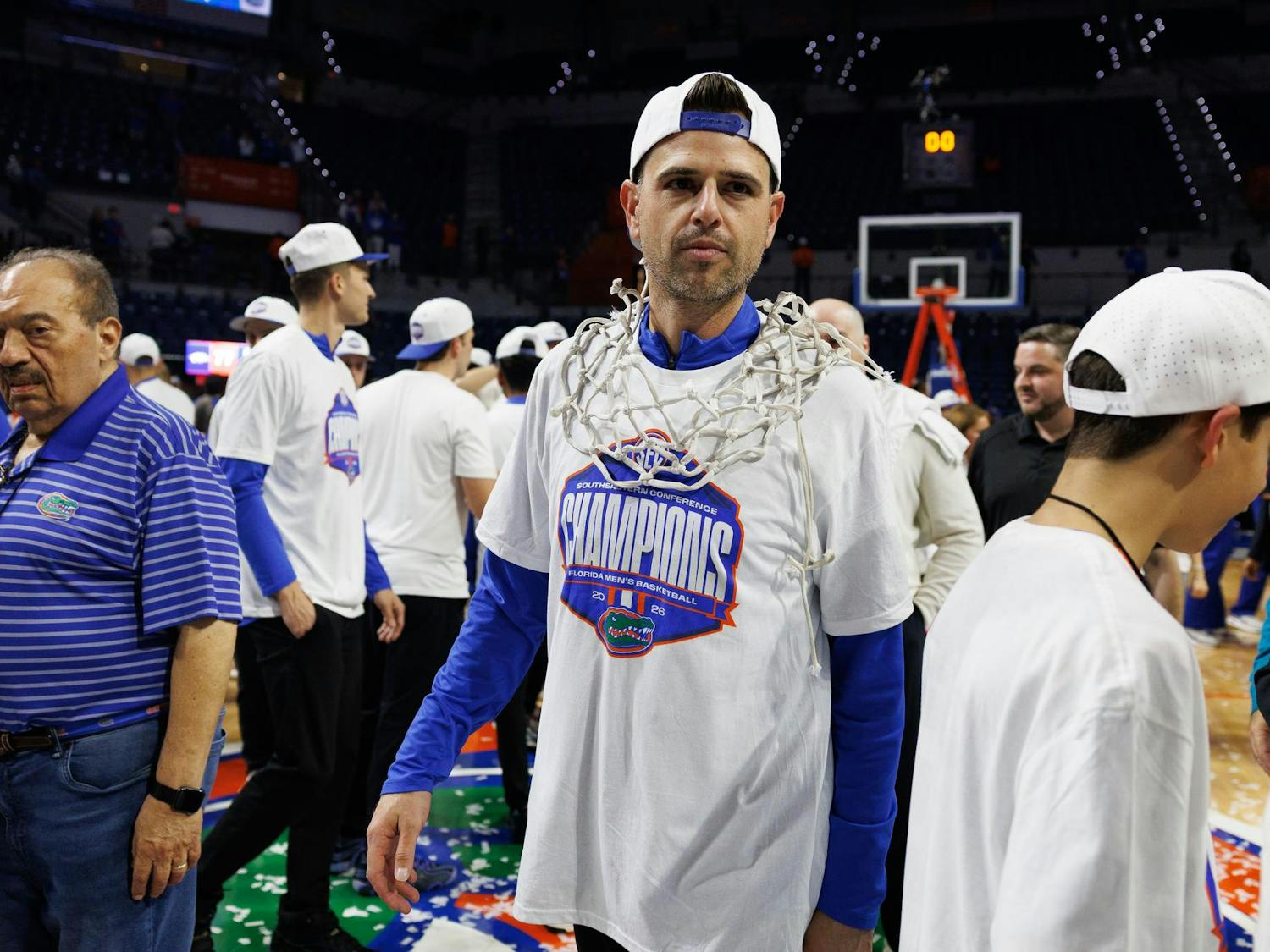 Florida head coach Todd Golden celebrates Florida’s SEC Championship win after an NCAA basketball game against Arkansas, Saturday, Feb.28, 2026, in Gainesville, Fla.