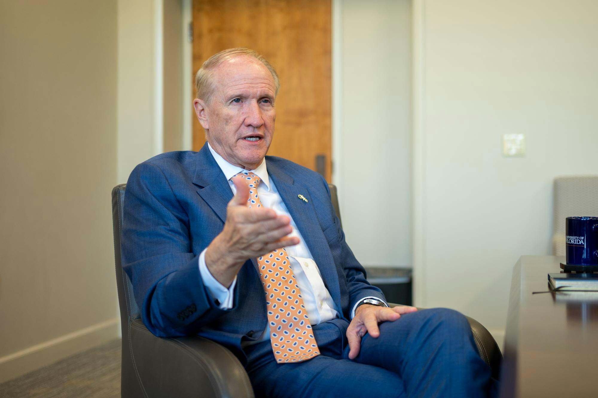 UF President Dr. Stuart Bell speaks during an interview in the Presidential Conference Room at Tigert Hall, Thursday, Aug. 14, 2026, in Gainesville, Fla.