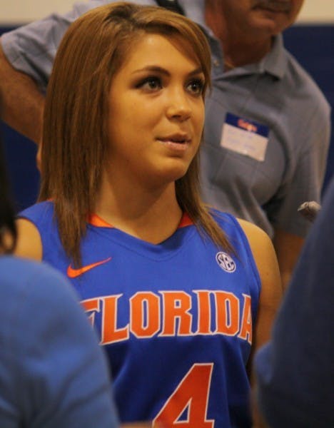 Florida redshirt freshman Carlie Needles talks to the media before last season. Needles, coming off an ACL tear last season, made a school record nine three-pointers against North Florida on Monday night in the Stephen C. O'Connell Center. Florida won 74-44.