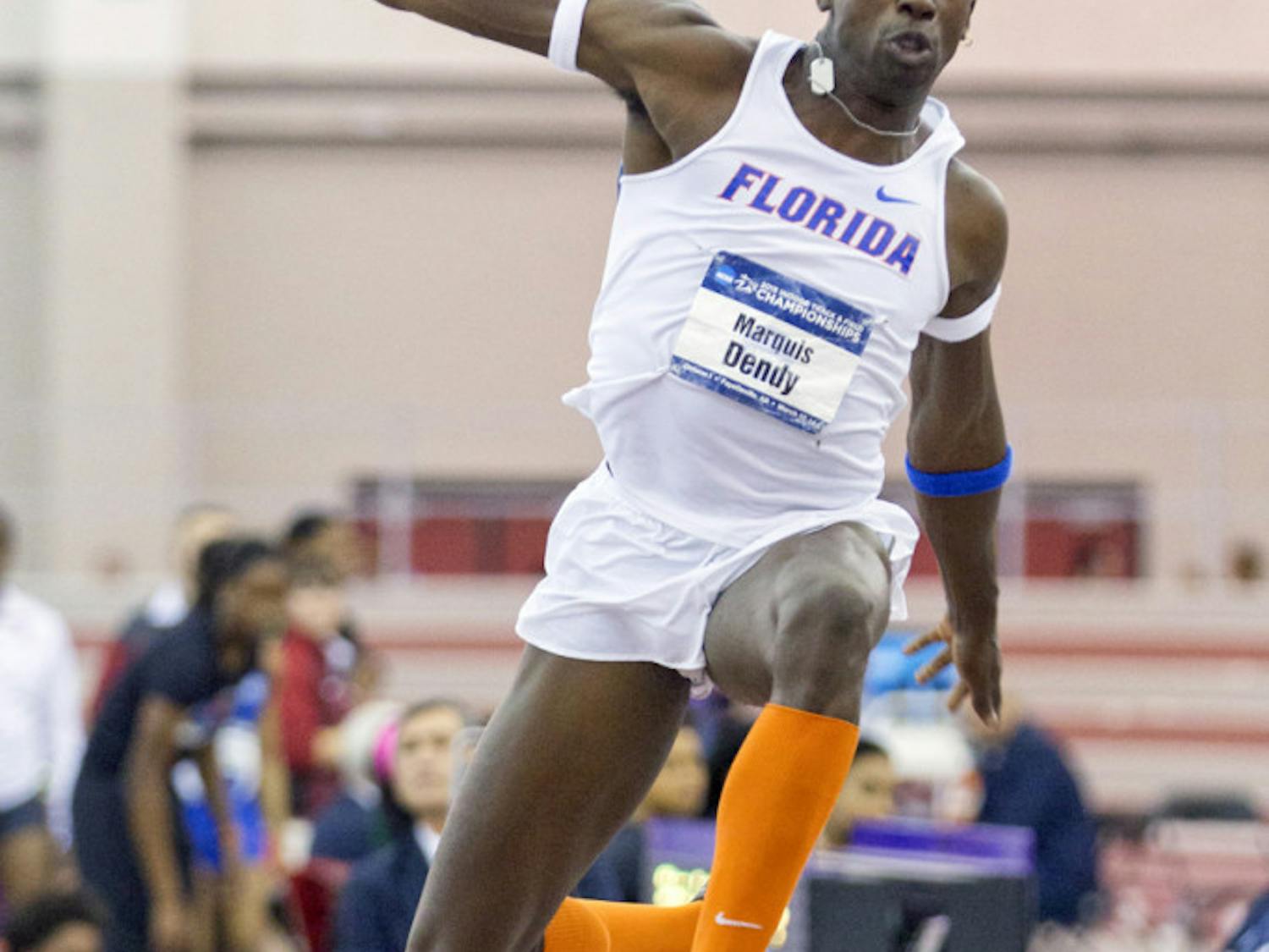 Marquis Dendy competes in the triple jump during the 2015 NCAA Indoor Championships on March 14 in Fayetteville, Arkansas.