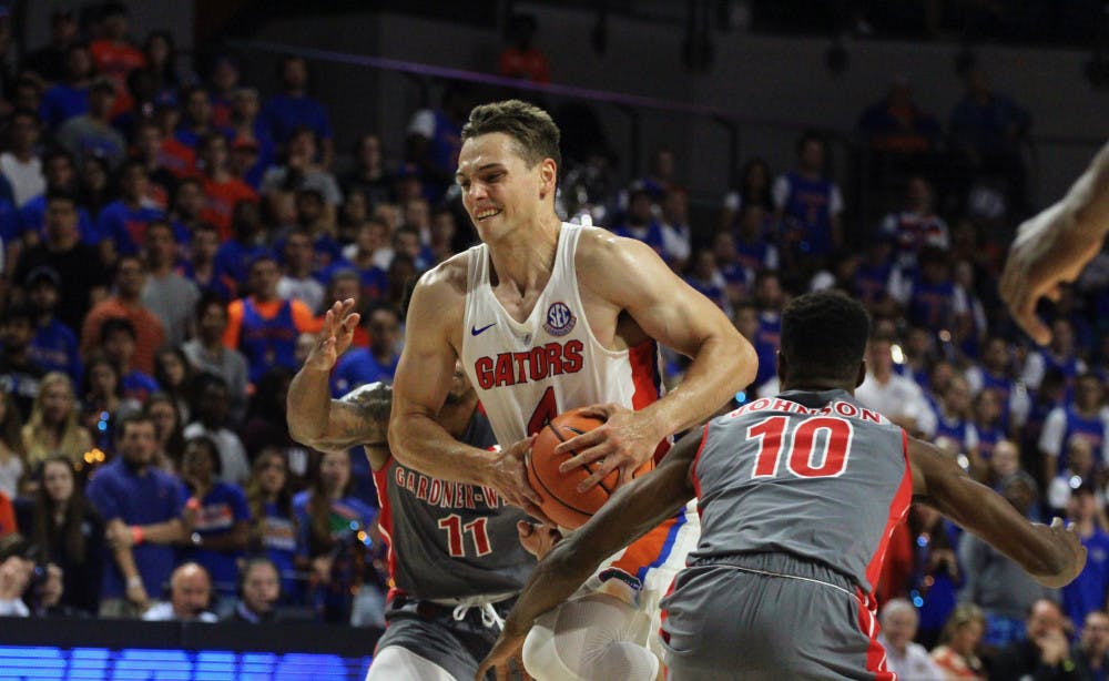 <p>UF guard Egor Koulechov scored a game-high 34 points in Monday's 116-74 win against Gardner-Webb in the O'Connell Center.</p>