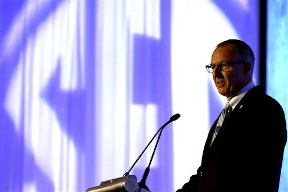 <p>SEC Commissioner Greg Sankey speaks during the Southeastern Conference NCAA college football media days, Monday, July 13, 2015, in Hoover, Ala. (AP Photo/Butch Dill)</p>