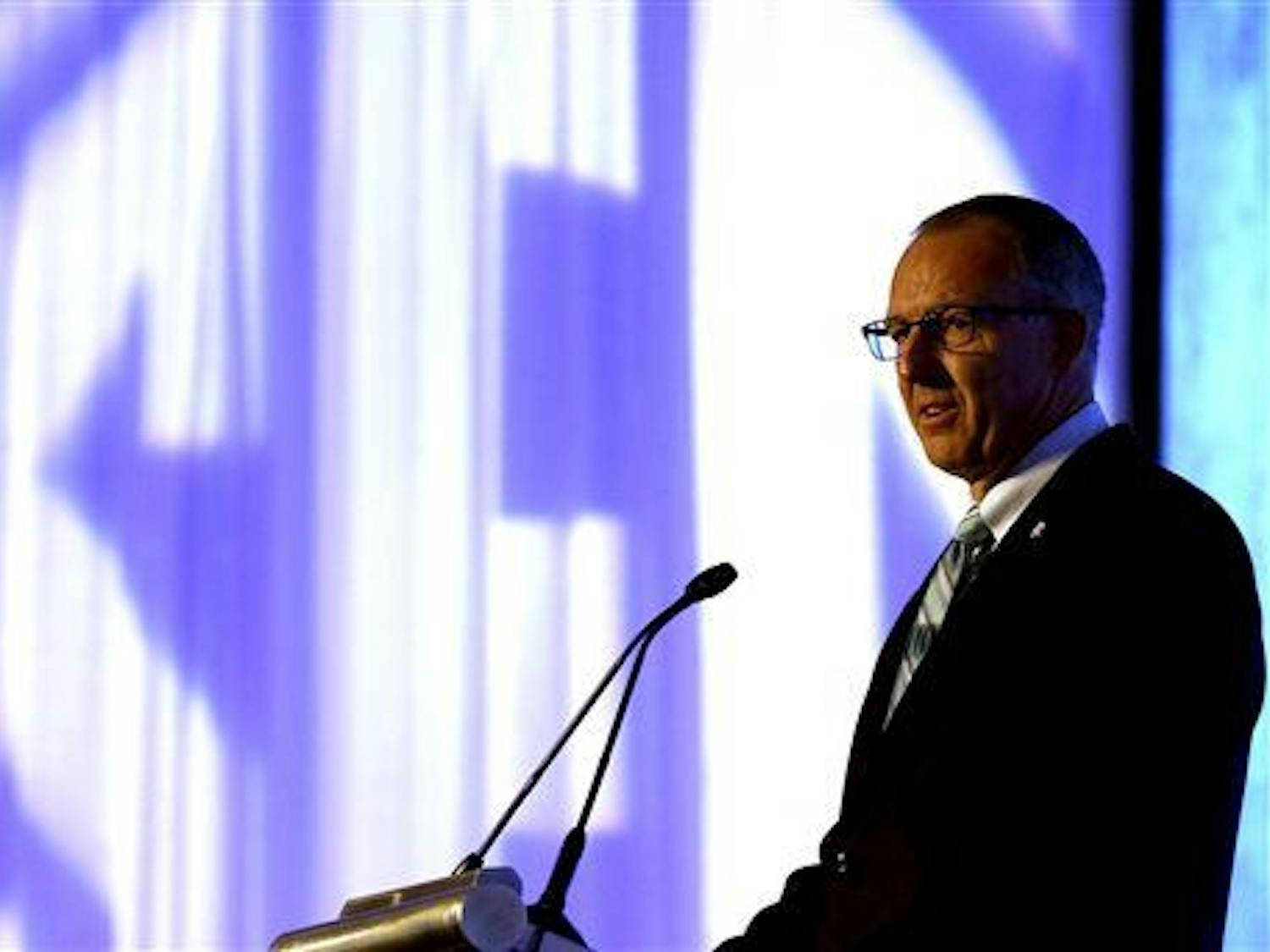SEC Commissioner Greg Sankey speaks during the Southeastern Conference NCAA college football media days, Monday, July 13, 2015, in Hoover, Ala. (AP Photo/Butch Dill)