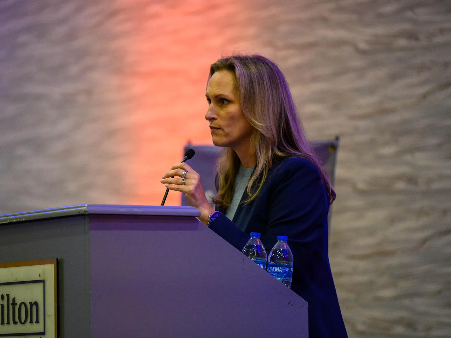 Assistant Vice President of Community Relations Karen Thomas speaks to a crowd at the UF Hilton Conference Center, Thursday, Sept. 24, 2026, in Gainesville, Fla.