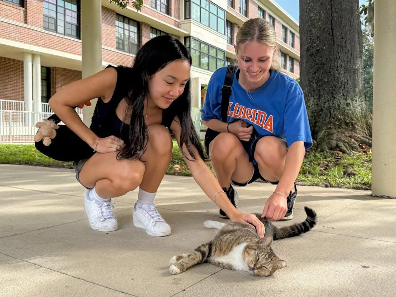 University of Florida students, Sophia McDonald and Michelle Wagner, pet Tenders the cat at Tolbert Hall.