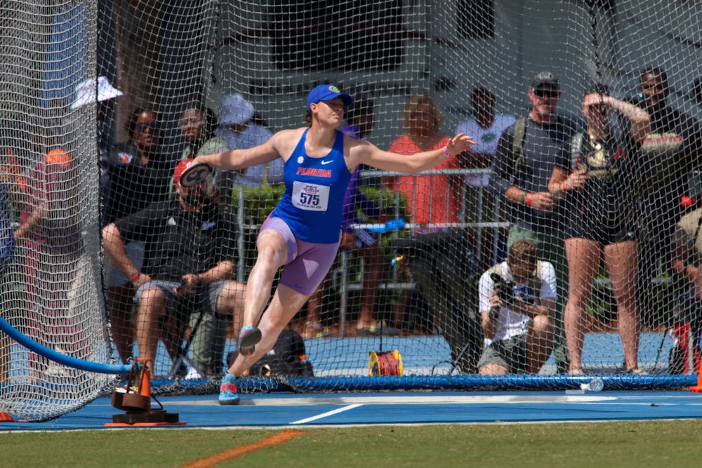 Florida freshman field athlete Alida Van Daalen winds up a discus throw at the Florida Relays Friday March 31, 2023. 