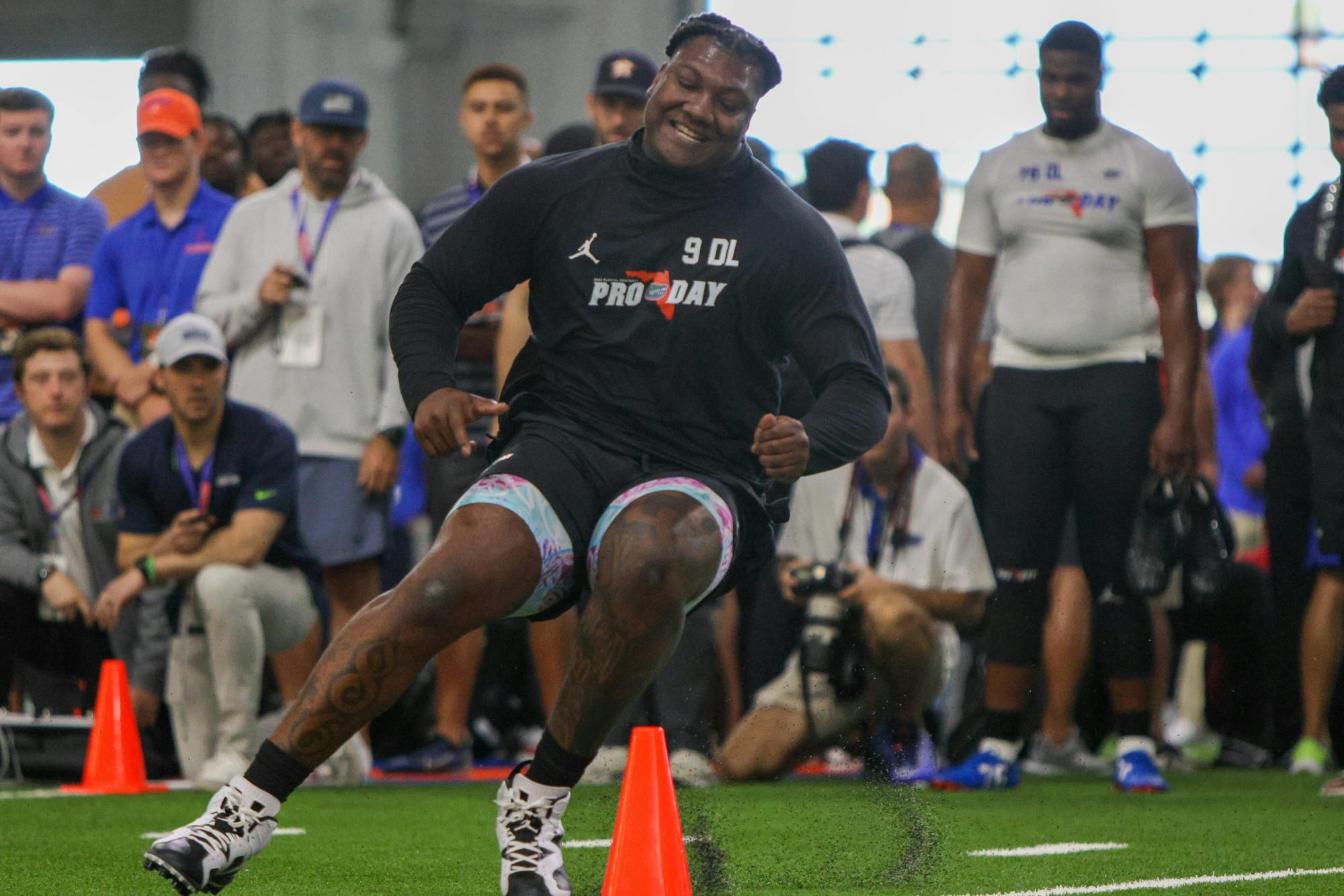 Gervon Dexter competes in a drill during the Gators Pro Day Thursday, March 30, 2023. 