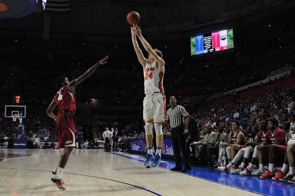 <p>UF guard Canyon Barry shoots a jump shot during Florida's 78-65 win against Arkansas on March 1, 2017, in the O'Connell Center.</p>