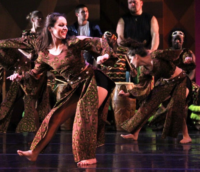 Kelsey Leader, 20, rehearses an African dance for Agbedidi in Constans Theatre Tuesday night. Agbedidi premieres Friday and runs until Sunday. Tickets are available at the University Box Office.